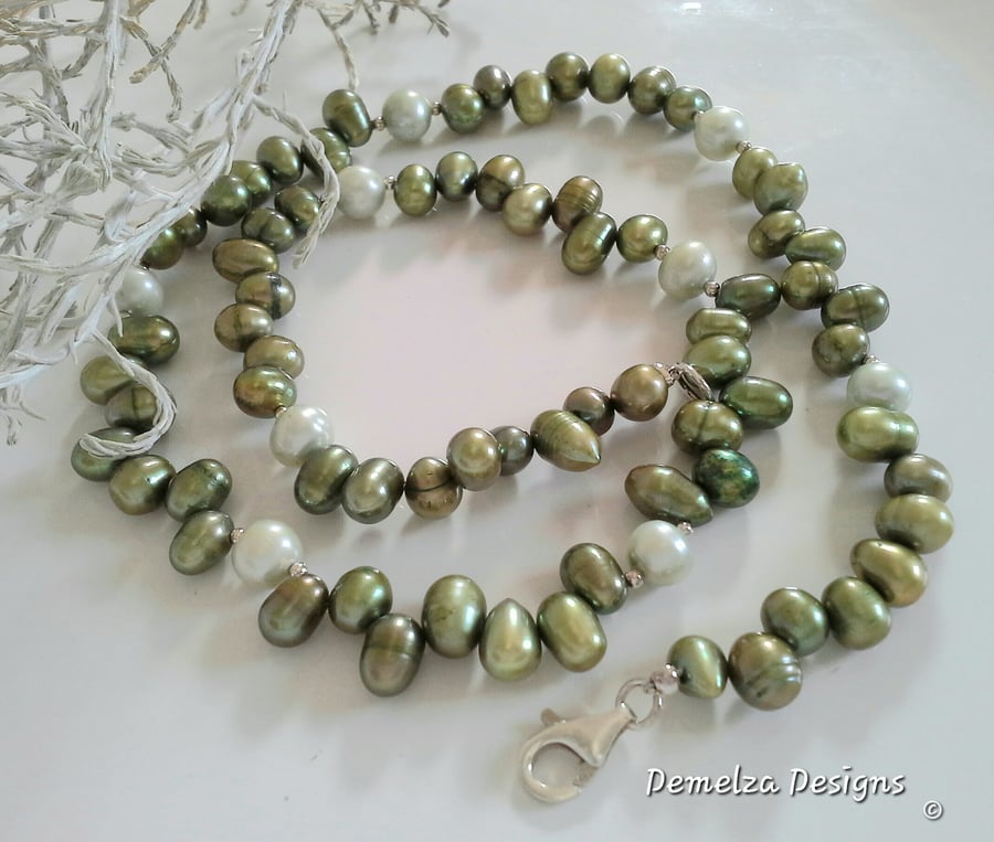 Quality Unique Sage Green Freshwater Culture Pearl Necklace 925 Sterling Silver