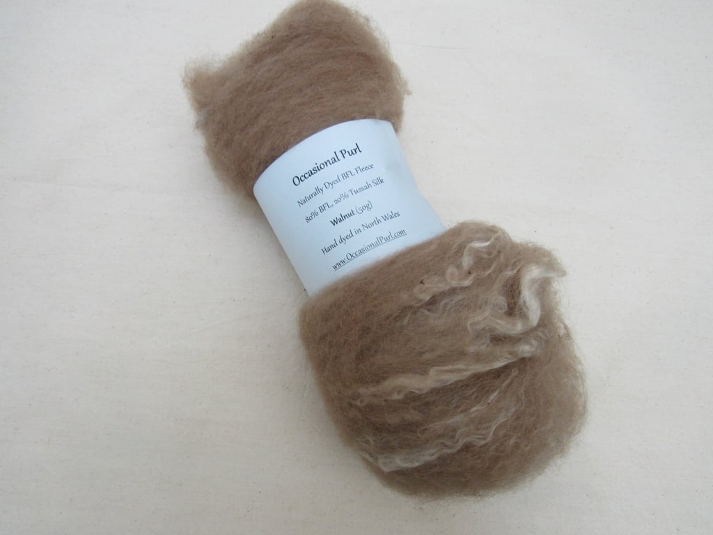 50g Walnut Brown Naturally Dyed BFL and Silk Wool Batt