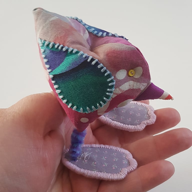 Purple and Green Freestanding Fabric Bird Ornament - Textile Bird Decor