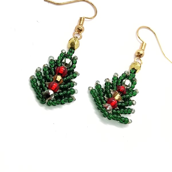 Traditional colours Christmas tree beaded earrings