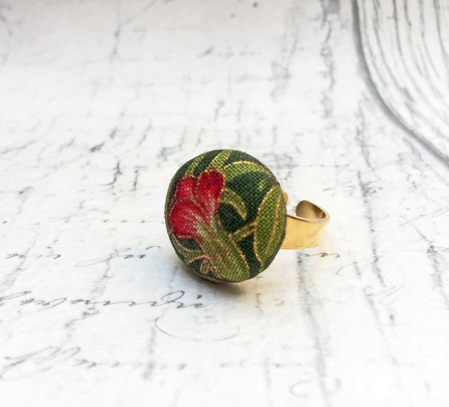 Deep pink flower William Morris fabric button adjustable ring