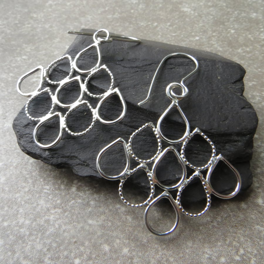 Sterling silver teardrop earrings, Filigree latticework style