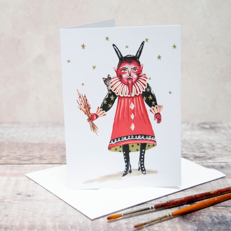 Greeting card of a Devil named Rowan. A6, blank inside, for any occasion