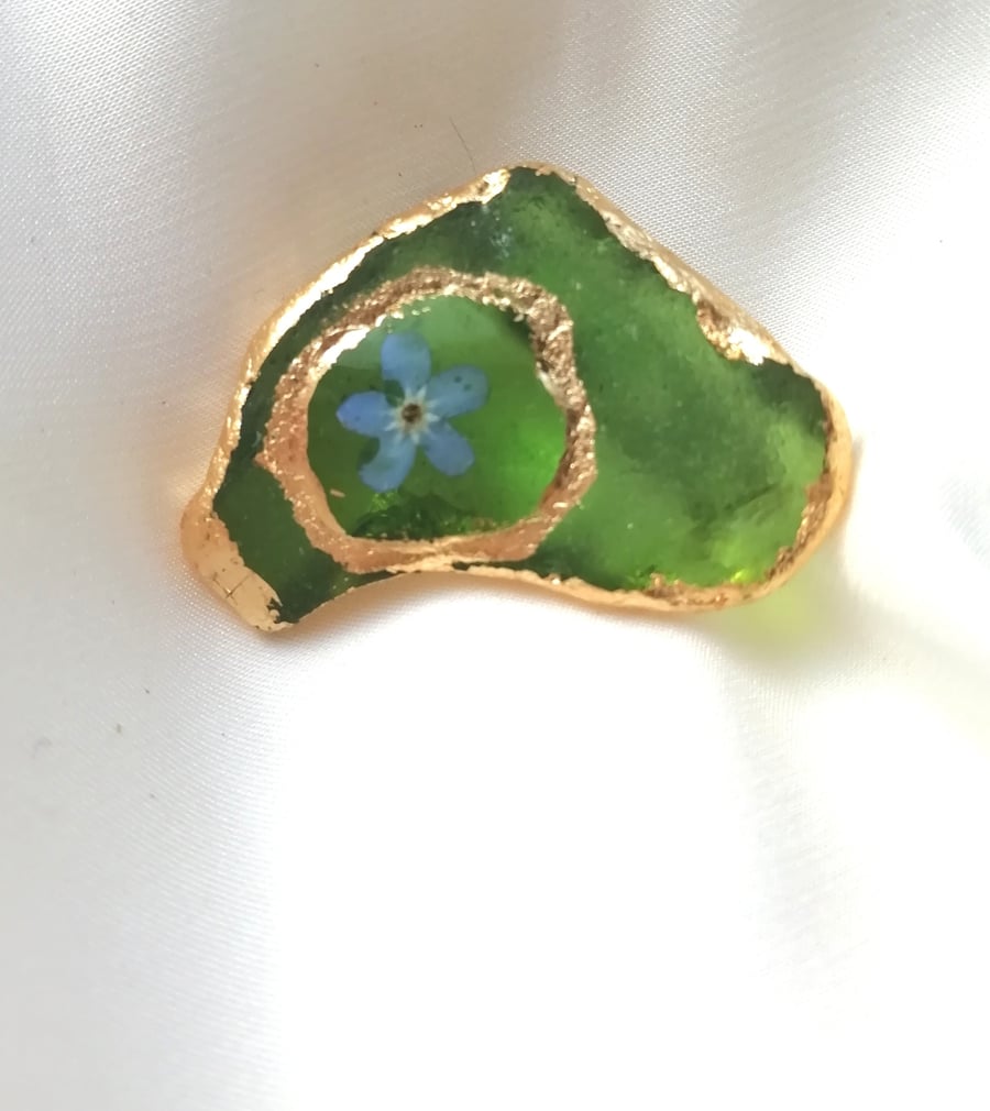 Forget-me-not beach glass brooch 
