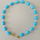   Handmade Turquoise Blue Gemstone & Freshwater Pearl Necklace