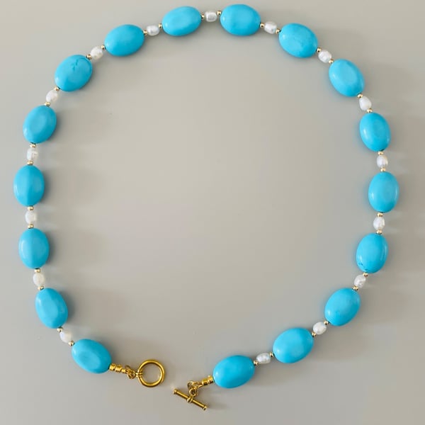   Handmade Turquoise Blue Gemstone & Freshwater Pearl Necklace