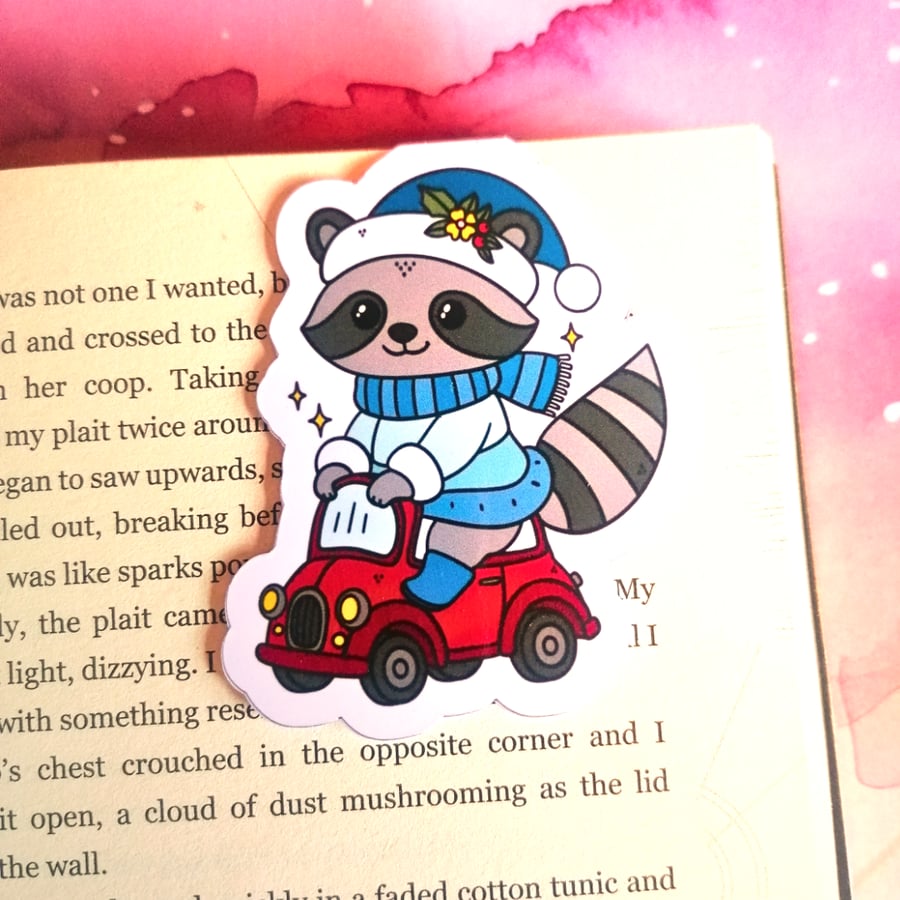Winter Christmas Raccoon Magnetic Bookmark 