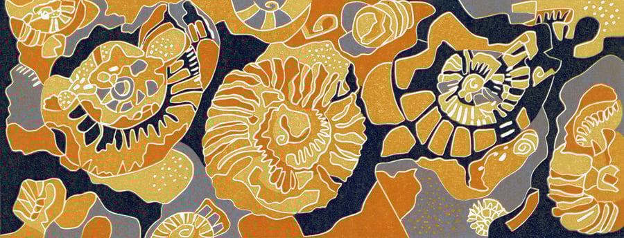 Fossil lino print, Ammonites - yellow
