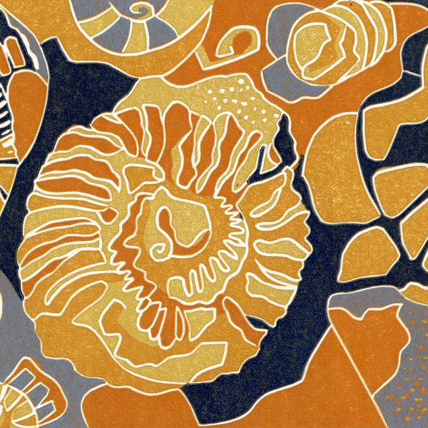 Fossil lino print, Ammonites - yellow