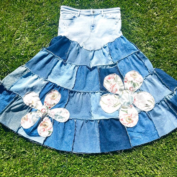 Denim patchwork half & half skirt - Bohemian style 