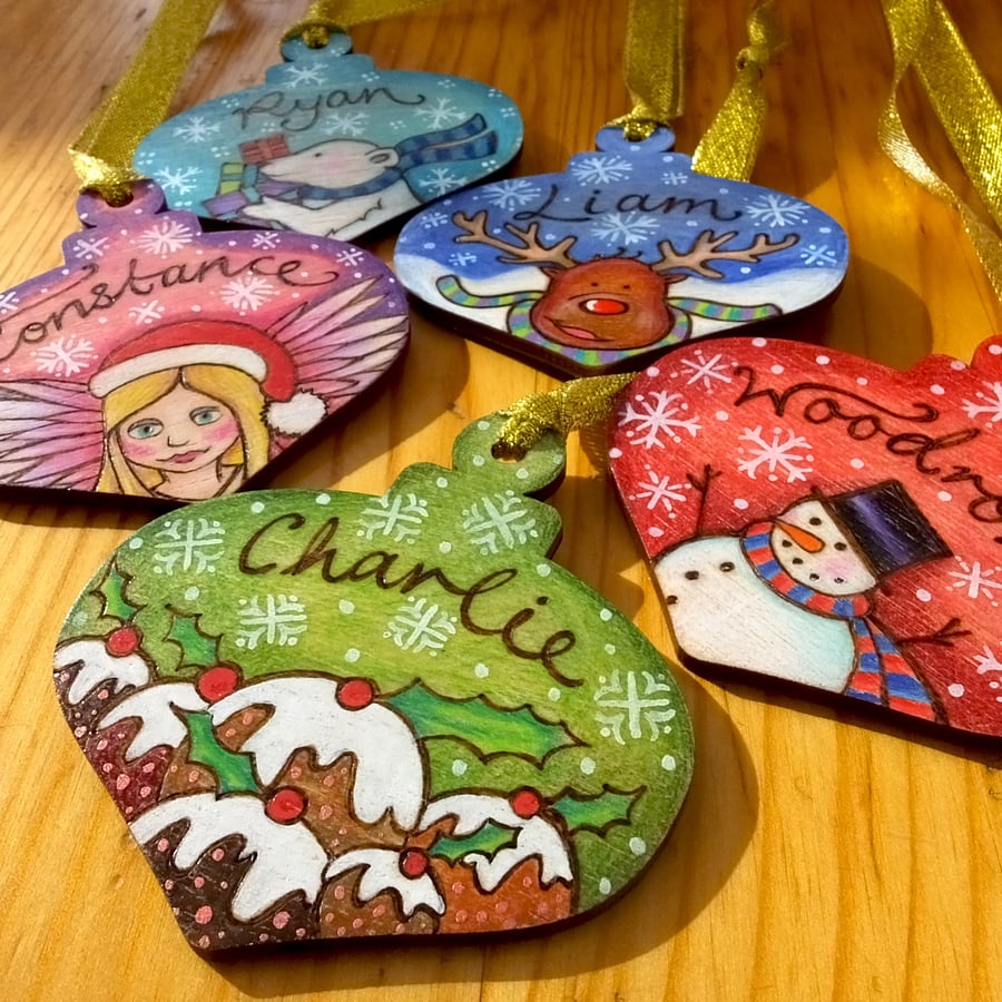 Personalised Wooden Christmas Bauble Decoration Custom Name Colour and Design