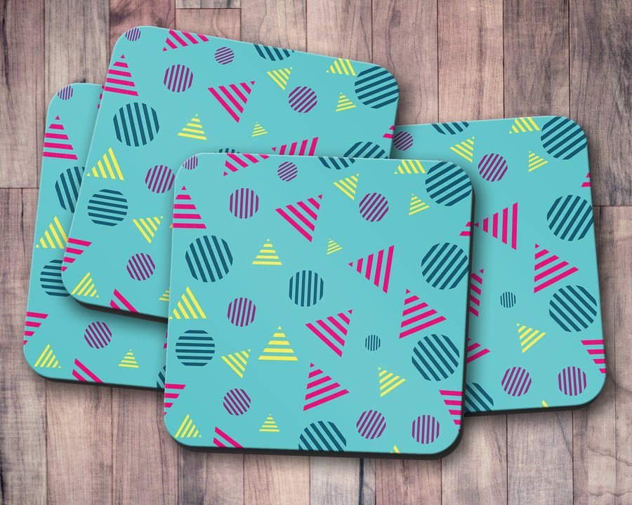 Set of 4 Turquoise Coasters with a Geometric Striped Shapes Design, Drinks Mat