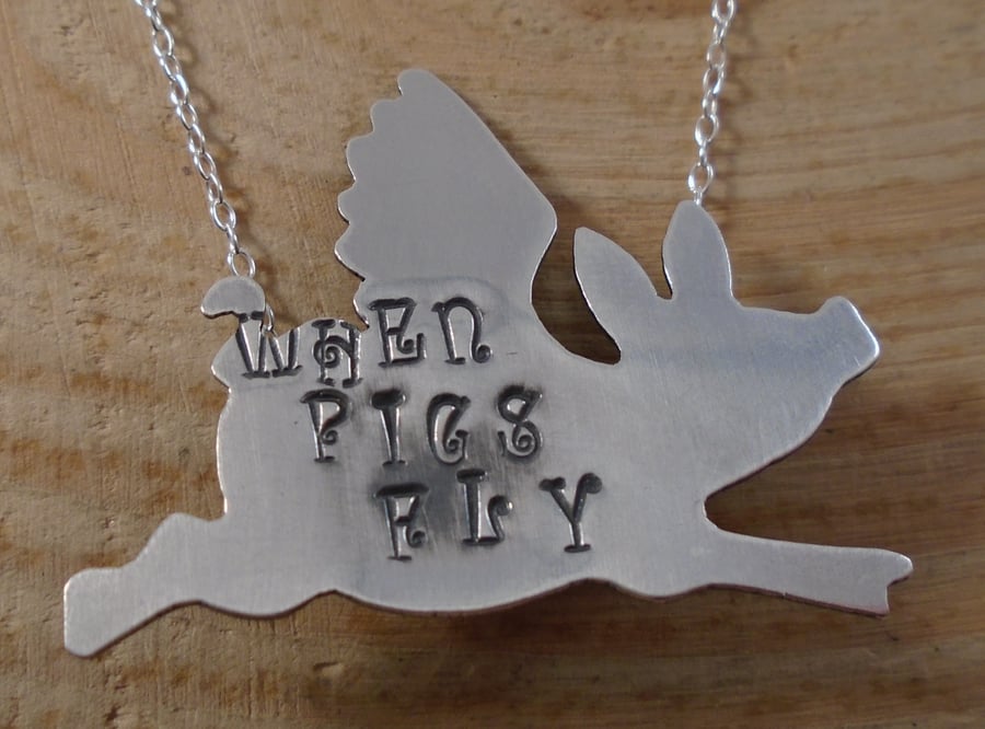 Sterling Silver Stamped 'Pigs Will Fly' Flying Pig Necklace