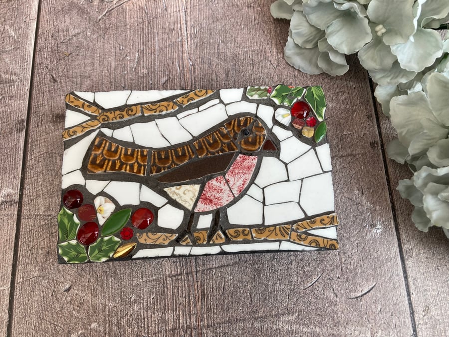 Mosaic Robin Decoration, Vintage Art,  Bird Design Wall Art