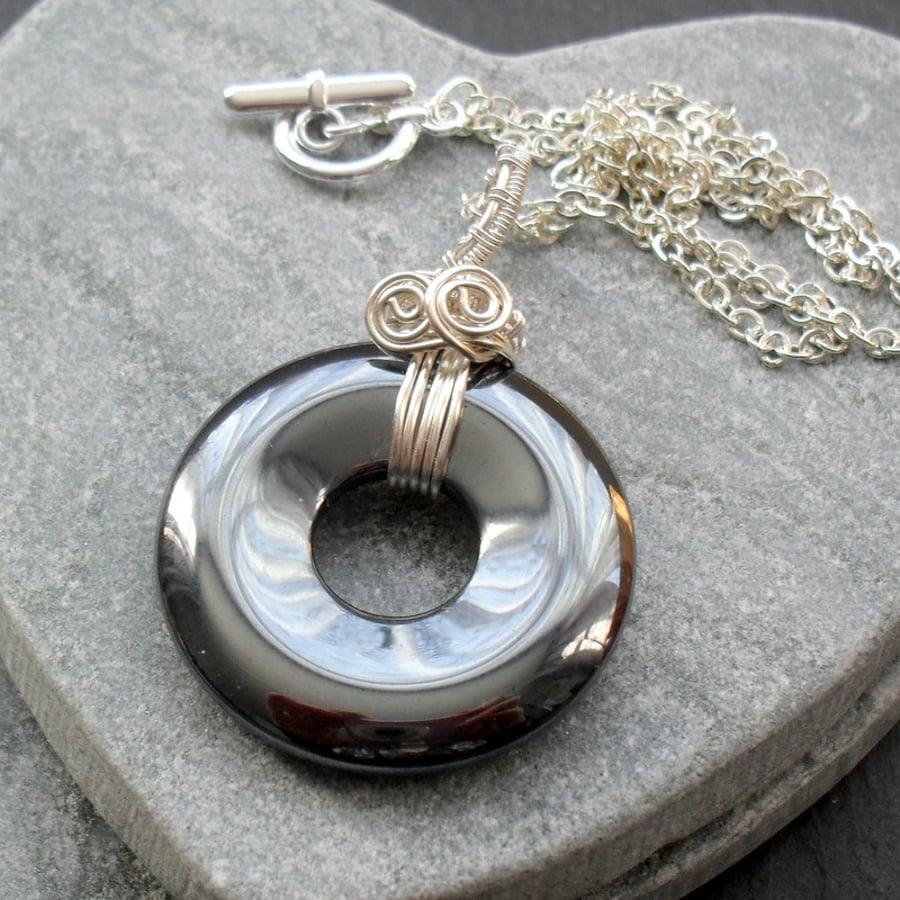 Haematite Donut Shaped Pendant Wire Wrapped