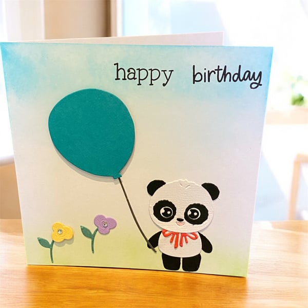 Handmade Panda Birthday Card – Cute Balloon Design with Floral Detai