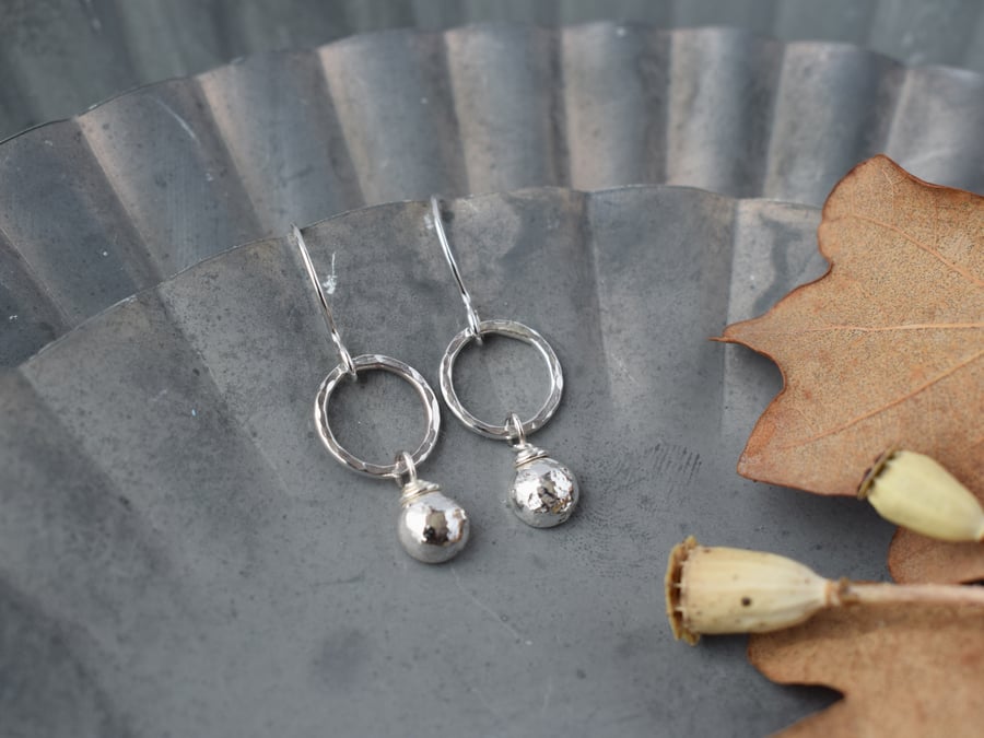 Hammered Silver Circle Drop Earrings