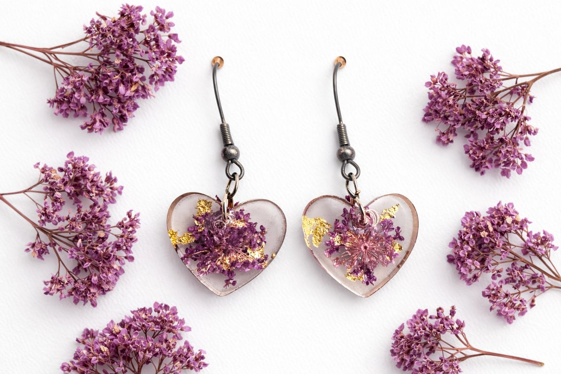 Purple Flower Heart Resin Earrings with Gold Leaf – Lightweight Dangles
