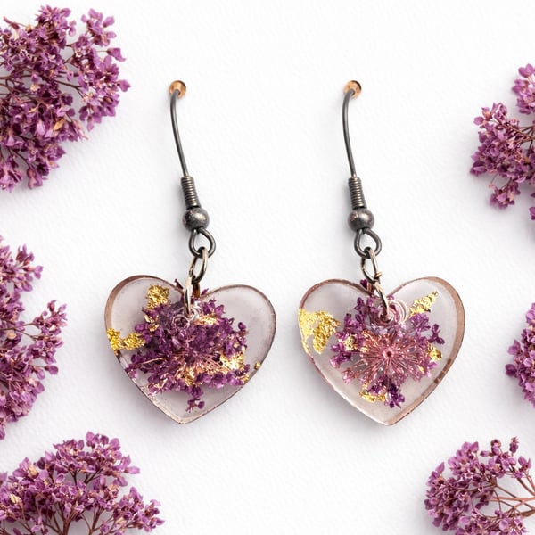 Purple Flower Heart Resin Earrings with Gold Leaf – Lightweight Dangles