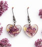 Purple Flower Heart Resin Earrings with Gold Leaf – Lightweight Dangles