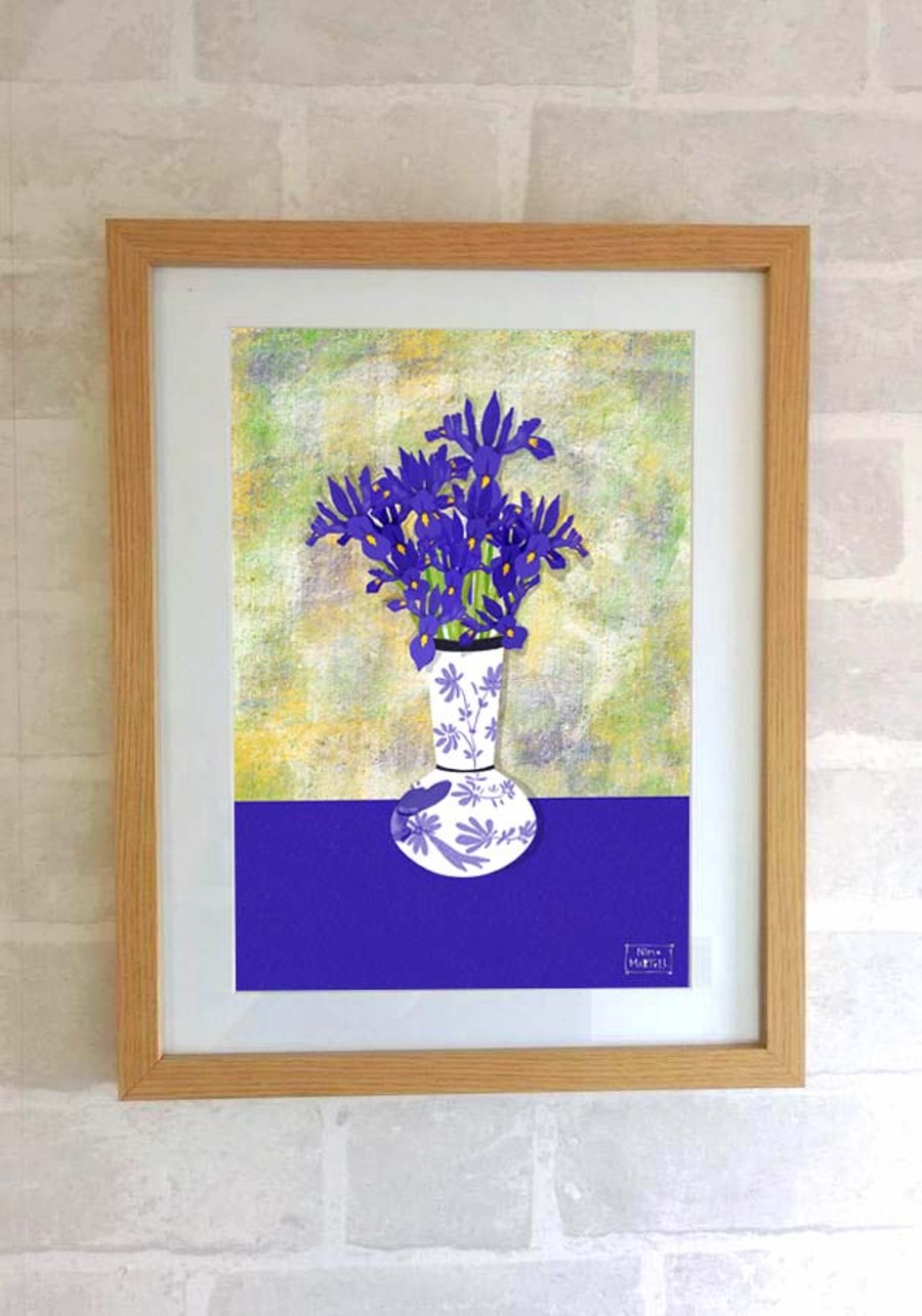 Iris Flowers In Vintage Vase - A4 Print Only by Nina Martell