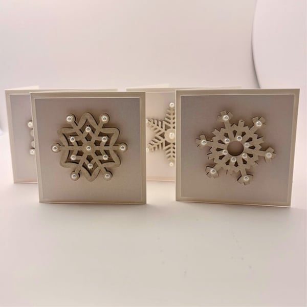 Handmade Snowflake Christmas Cards - Wooden & Pearl Boxed Set of 4