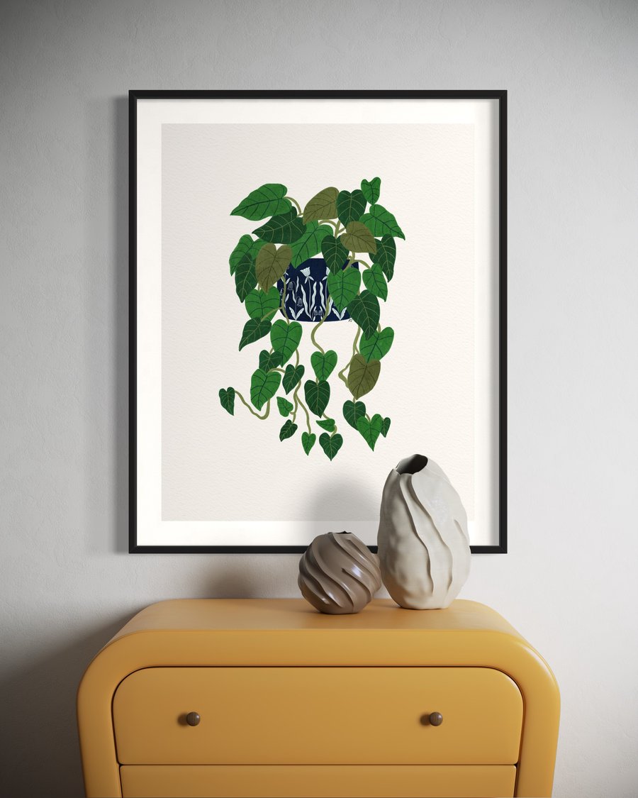 Indoor Plant Philodendron Illustration Art Print, Plant Wall Art