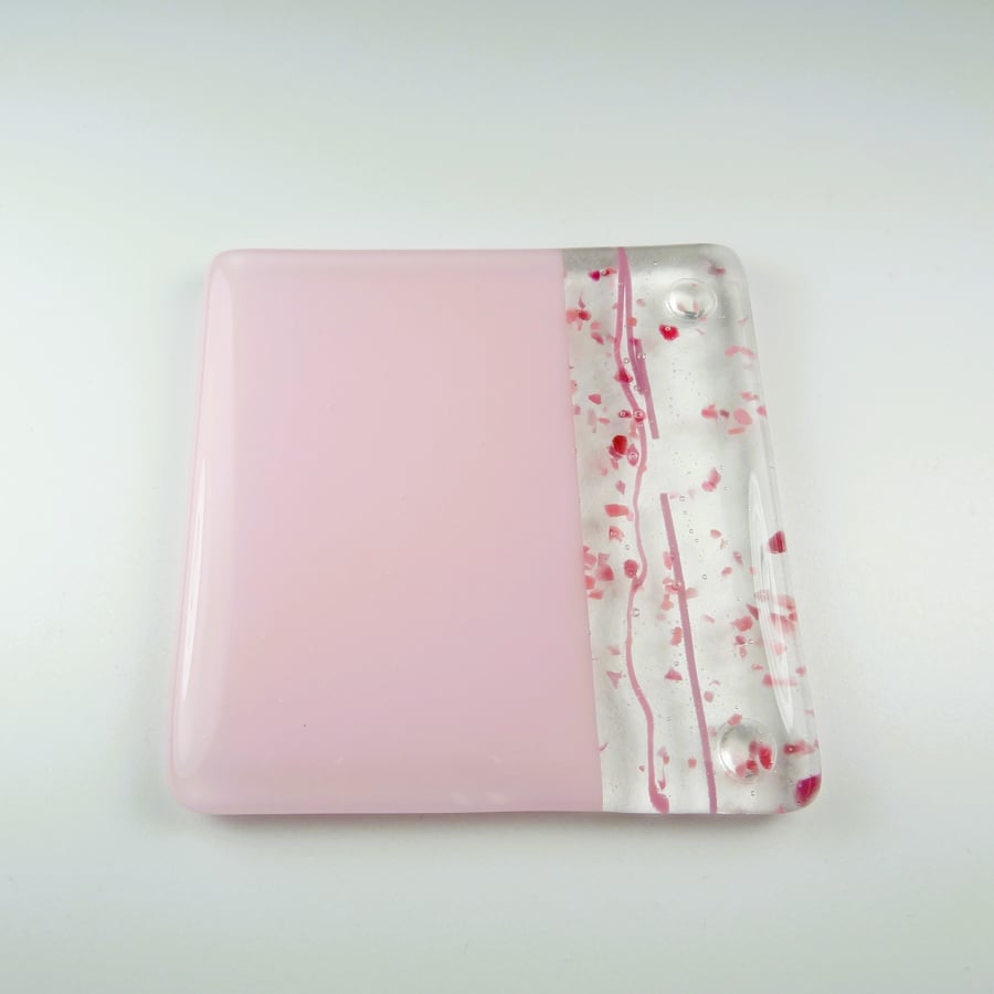 Pink collage fused glass coaster, 9cm, 6mm thick, handcrafted (0140)