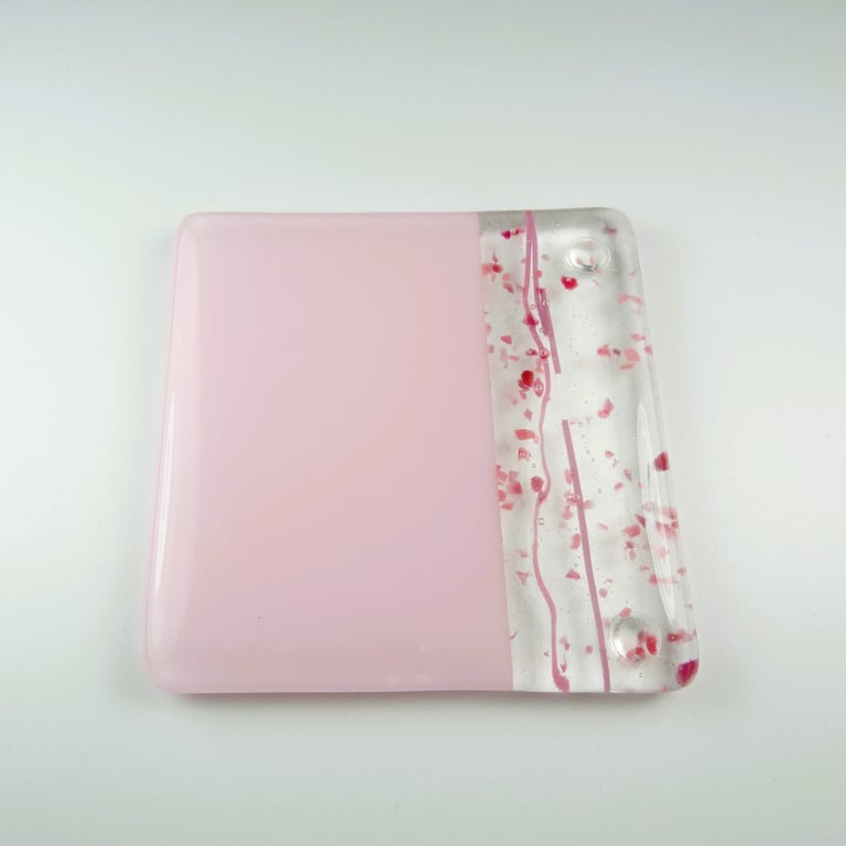 Pink collage fused glass coaster, 9cm, 6mm thick, handcrafted (0140)