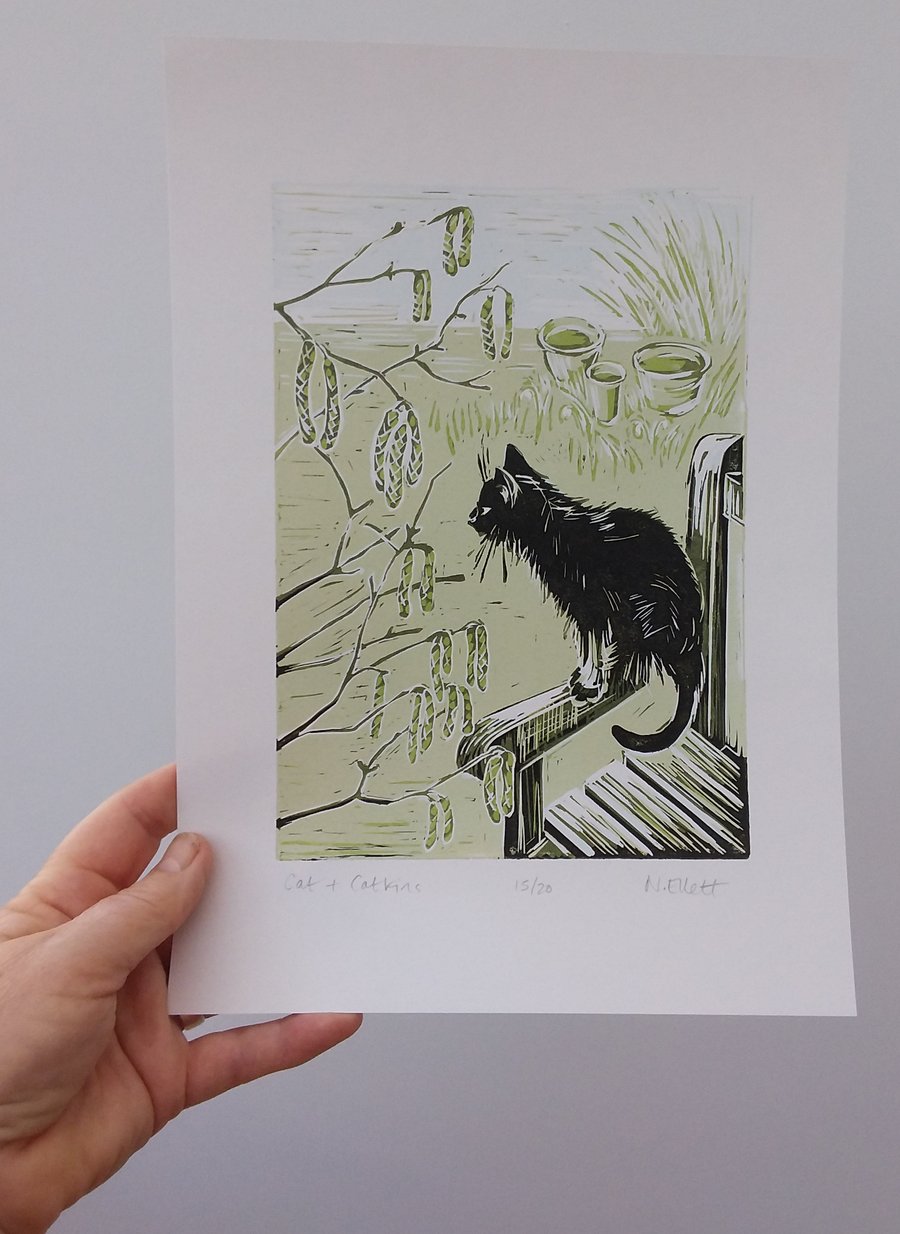 Cat and Catkins - linoprint