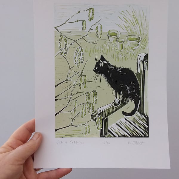 Cat and Catkins - linoprint