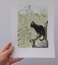 Cat and Catkins - linoprint - Image 1