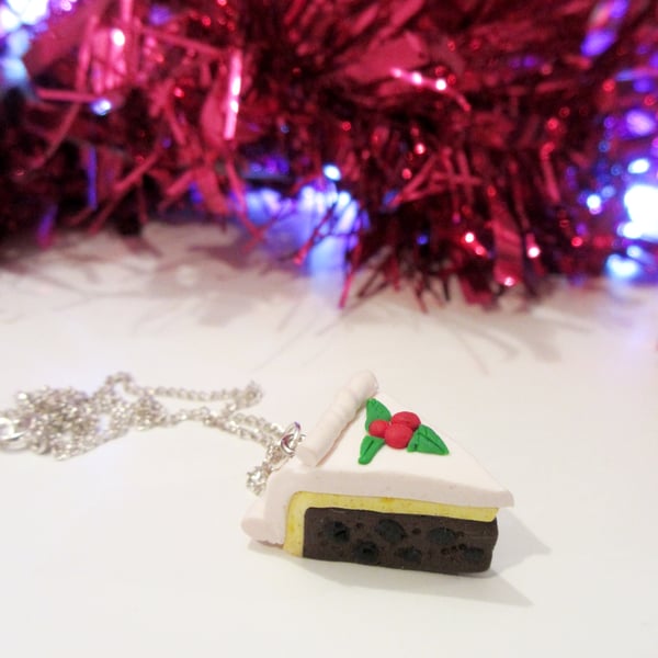 Retro Christmas cake slice necklace OR keyring, fun, unique, handmade novel