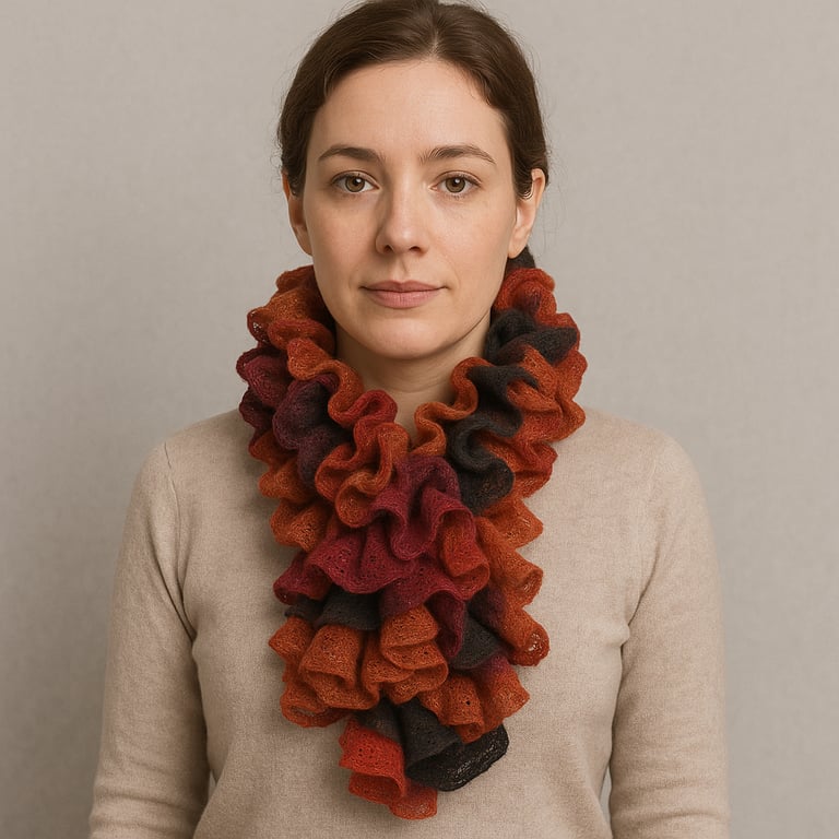 Black and orange ruffle scarf in fashion yarn autumnnal colours