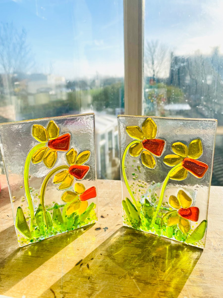 Unique fused glass tea light holder with daffodils flowers 