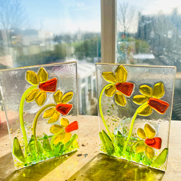 Unique fused glass tea light holder with daffodils flowers 