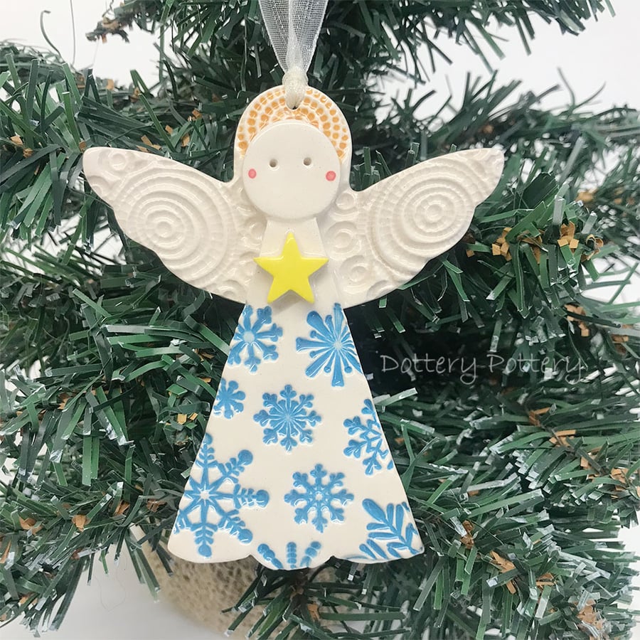 Ceramic Christmas Angel Pottery Christmas decoration blue snowflakes