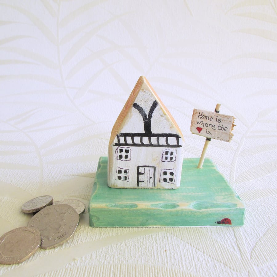 Tudor Style Little House, Miniature Wooden House on a Base