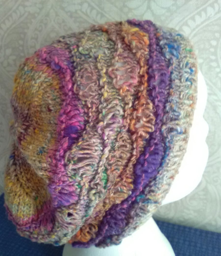 Handknit Cotton Wool Silk Lacy Beret Medium pink purple orange mix