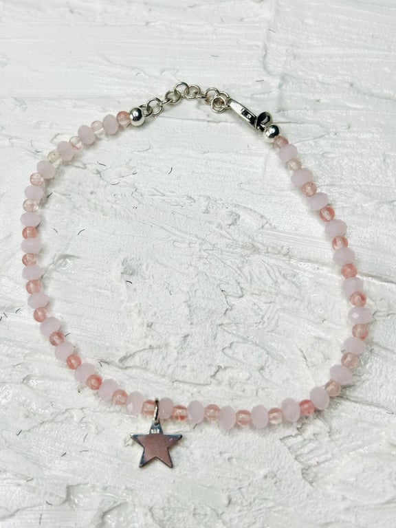 Handmade Pink Rose Quartz Beaded Bracelet with Blue Star Charm, Crystal Gemstone