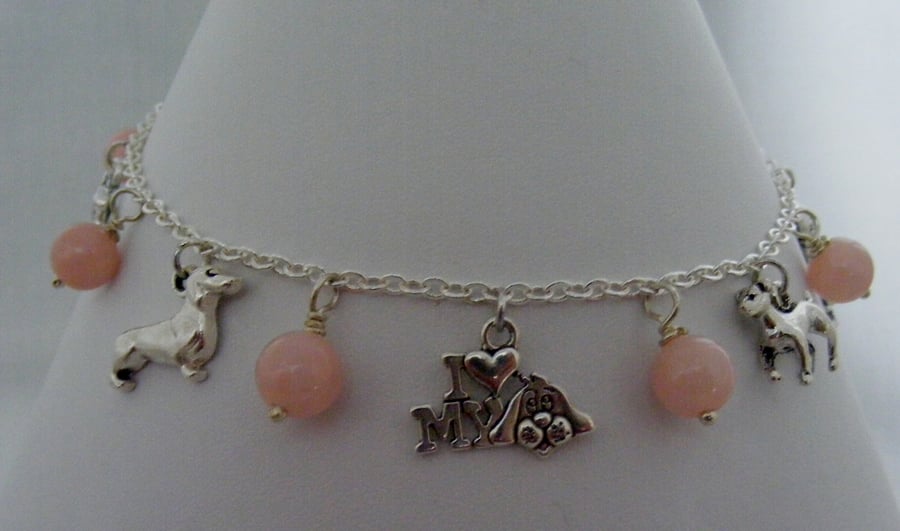 Jade Gemstone Anklet with Dog Charms