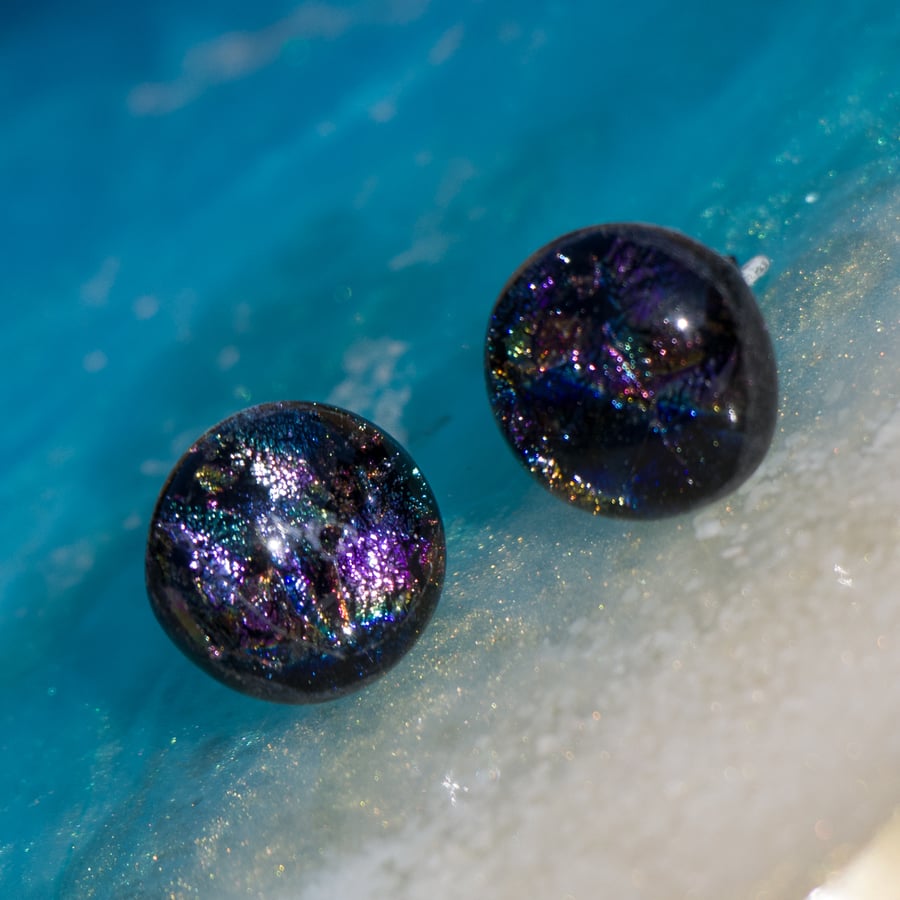 Multicoloured Dichroic Glass Earrings with Sterling Silver Studs - 2513