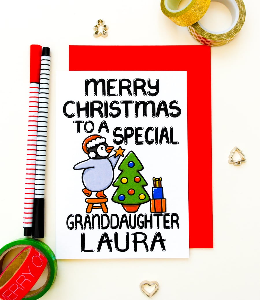 Personalised Cute Penguin Granddaughter Christmas Card