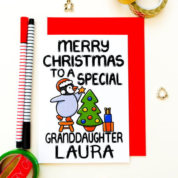 Personalised Cute Penguin Granddaughter Christmas Card