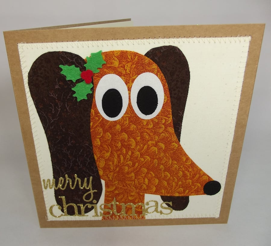 Dally The Dachsund Dog Fabric Christmas Greetings Card