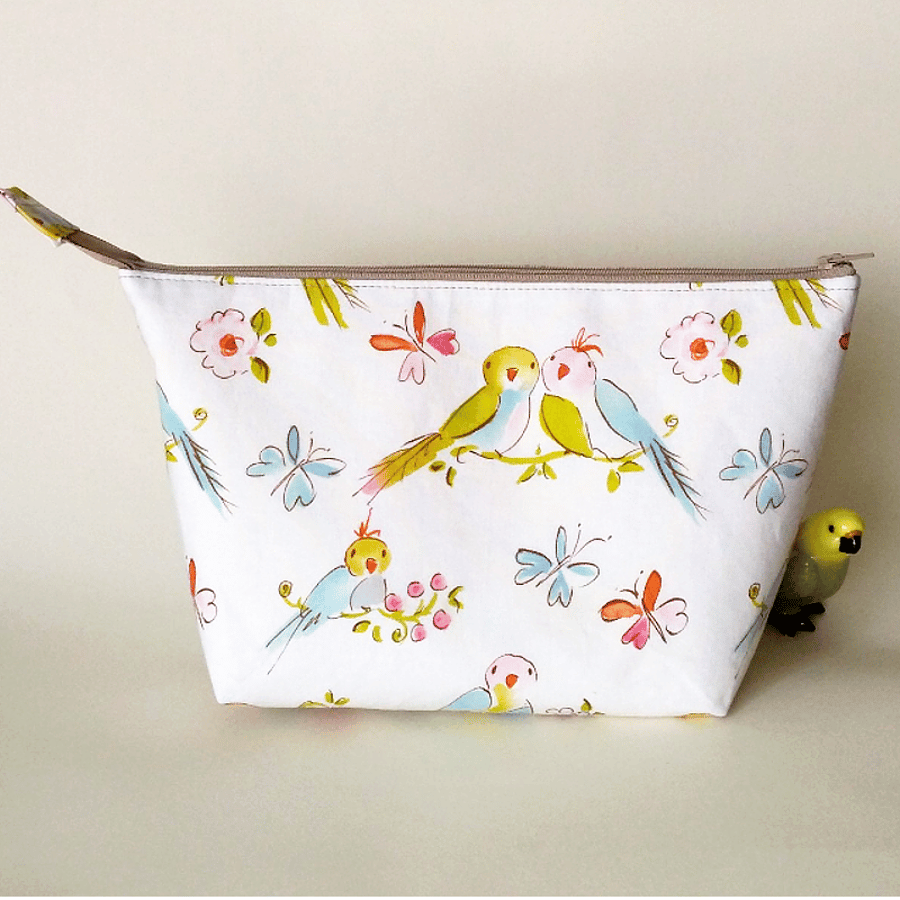 Pretty, wide zipped pouch, large make-up bag, with lovebirds