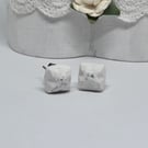 Matte White Mini Square Stud Earrings with a speckled finish
