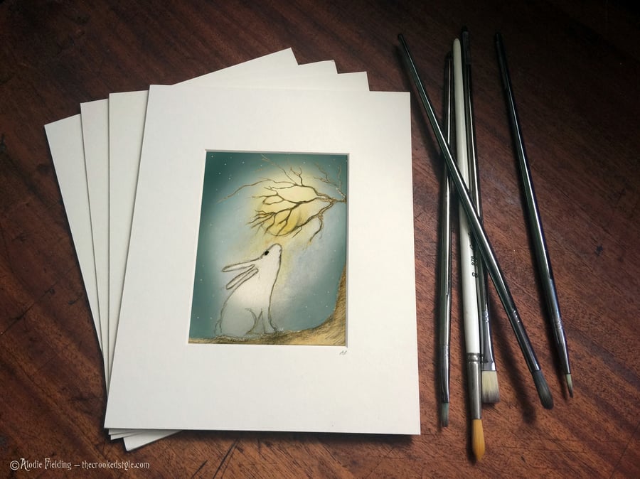 The Moon Gazy Hare - High Quality Window Mounted 10" x 8" Giclee Print 