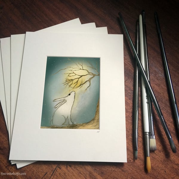 The Moon Gazy Hare - High Quality Window Mounted 10" x 8" Giclee Print 