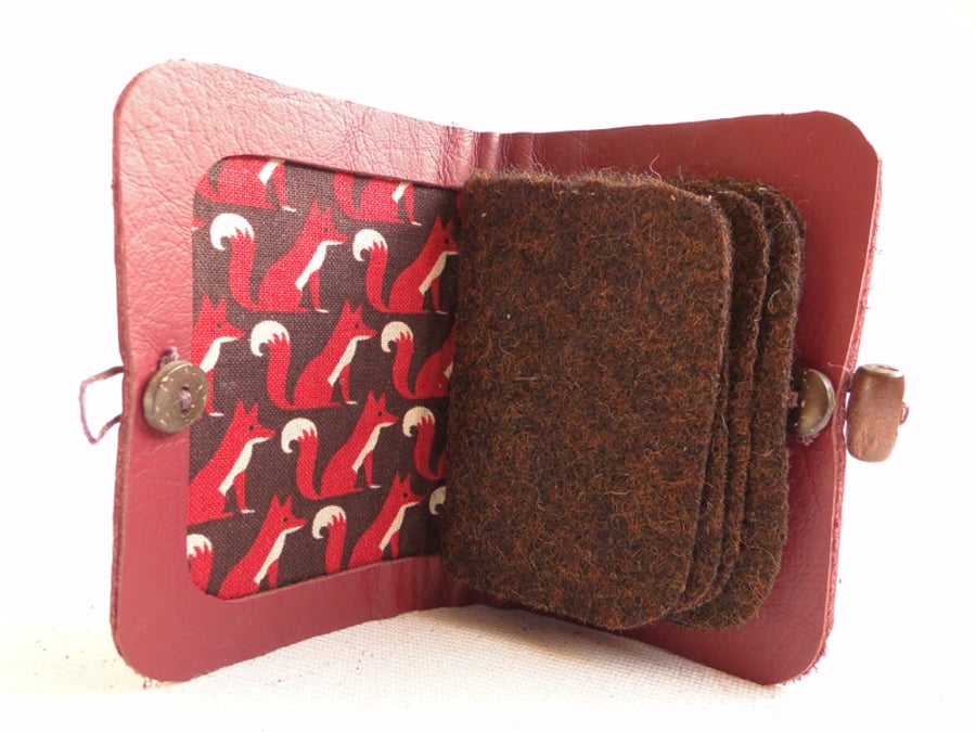 Needle Case in Red Leather - Red Fox Fabric Interior - Needle Book